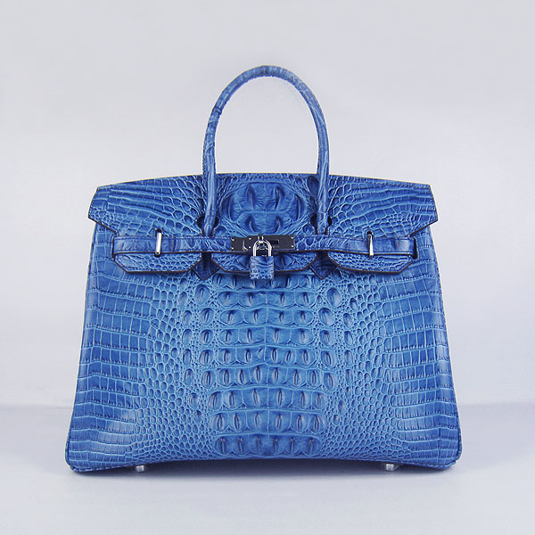 High Quality Fake Hermes Birkin 35CM Crocodile Head Veins Leather Bag Dark Blue 6089